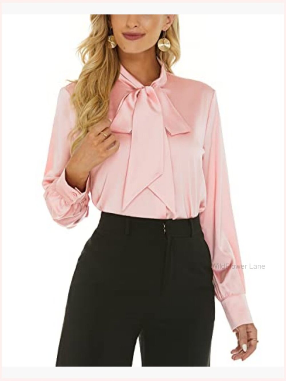 BOW TIE NECK SATIN BLOUSE LONG SLEEVE BUTTON DOWN SHIRT FOR WORK OFFICE - Picture 2 of 7
